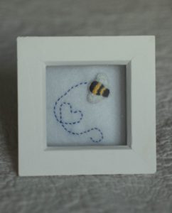 Hand stitched Bumblebee picture on white felt in white wooden box frame. h10.6 x w10.6 x d3.4cm. £10.00 (Exc P+P)