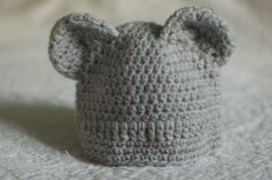 Grey crocheted bear ears beanie hat.