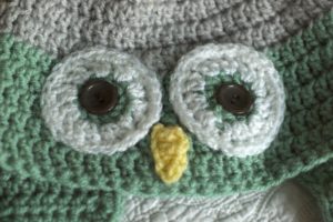 Grey and pale green cosy crocheted owl hat.