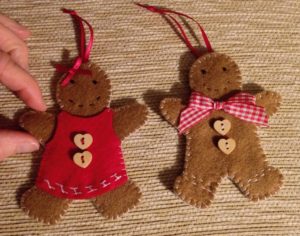 Gingerbread man and women, felt, hand stitched, hanging decorations.