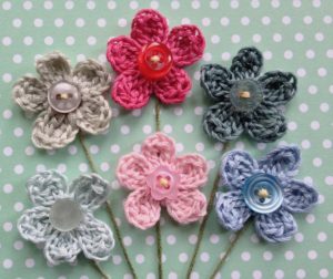 Posy of crocheted flowers greetings card.