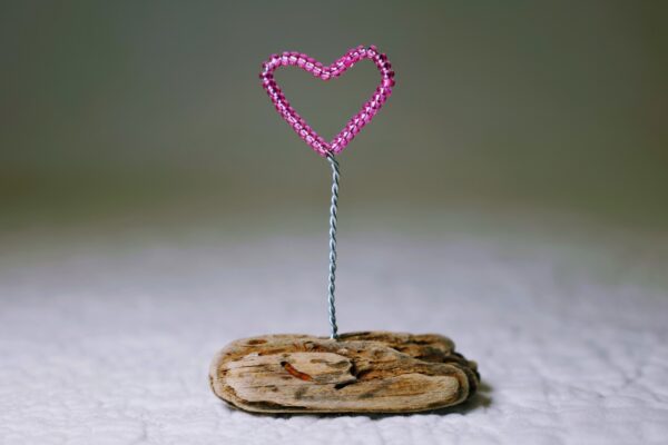 A small, pink glass bead and wire heart on a natural driftwood base.