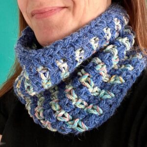 A handmade, super chunky, crocheted neck warmer in a mixture of pastel hues and denim blue.Made using a chunky, soft and lightweight mix yarn. 60% Acrylic / 25% Cotton / 15% Wool.