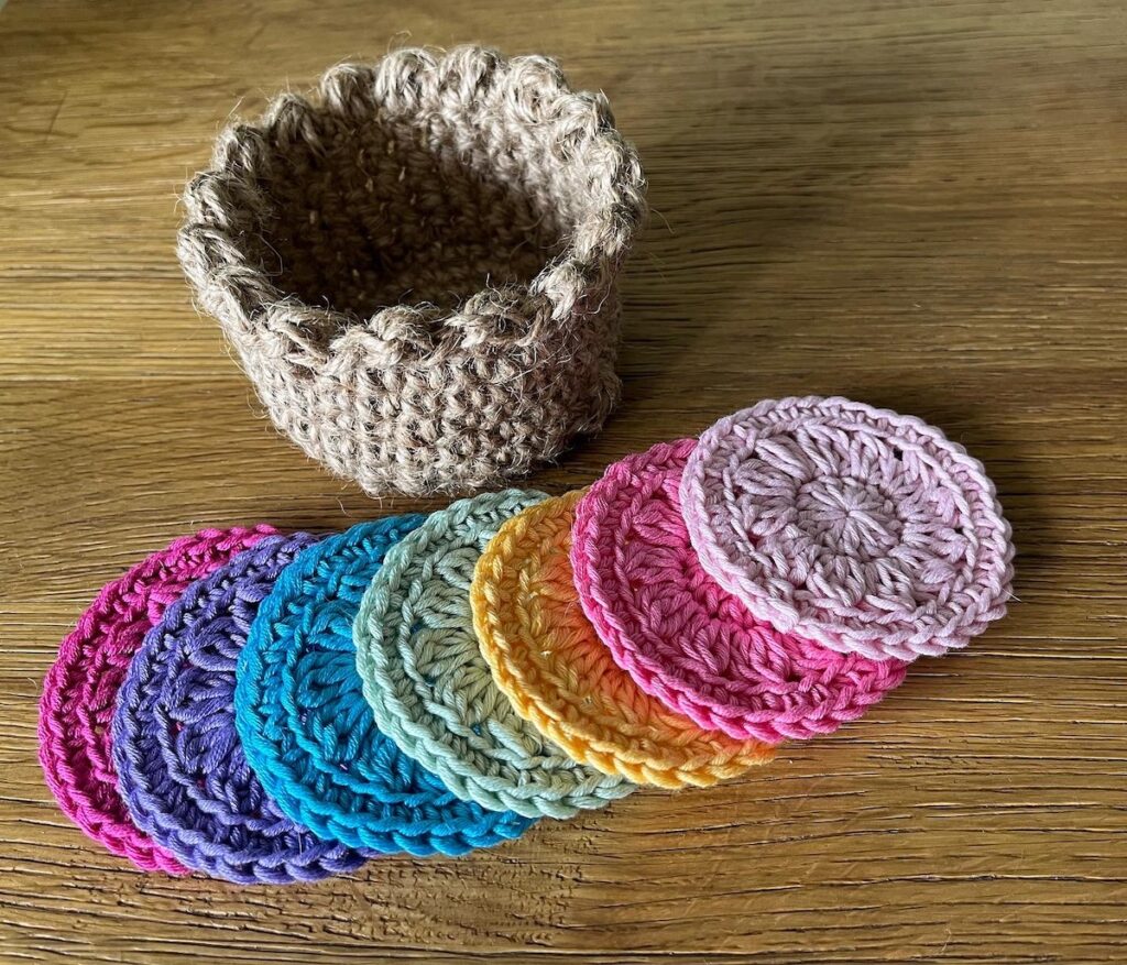 A small handmade, crocheted, jute basket of 7 reusable facial rounds. Each facial round is made using 100% cotton in a rainbow of beautiful colours. They are wonderfully soft with a delicate texture. Kind on the skin and the environment.