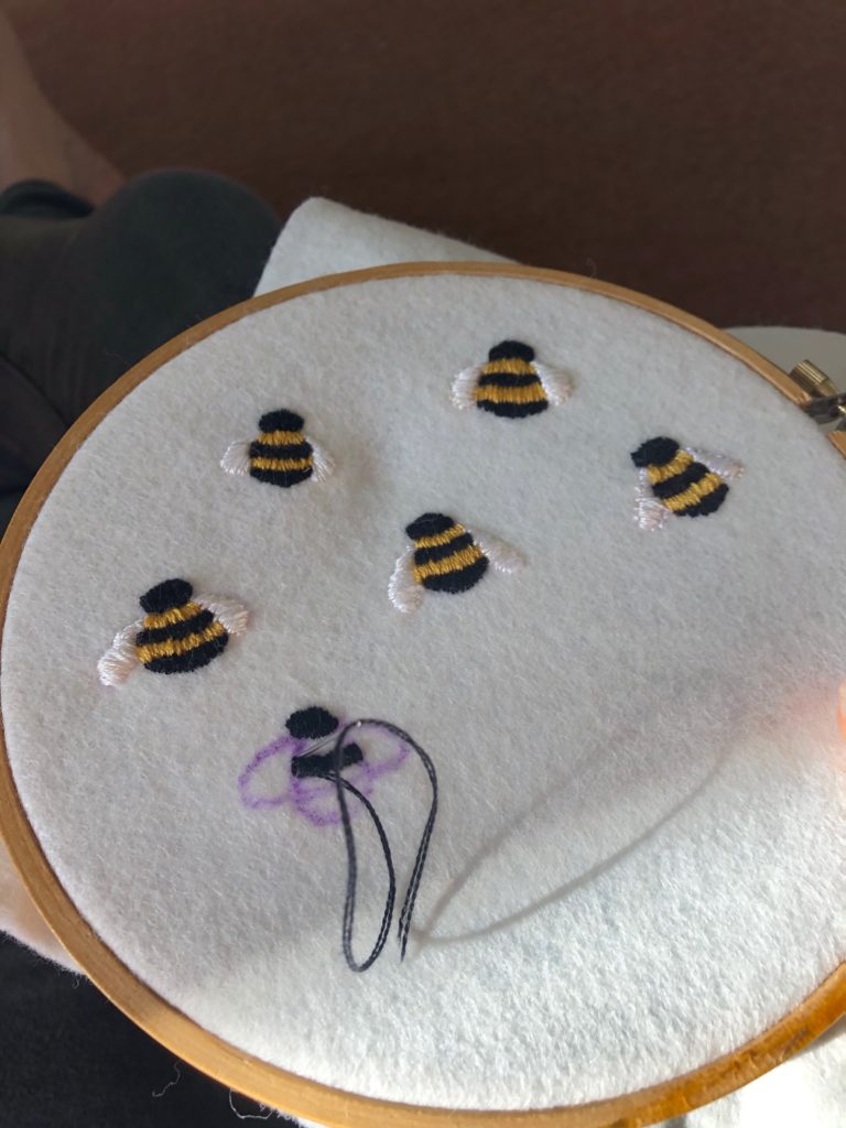 Hand embroidered bumble bees. Work in progress!