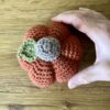 A medium sized, handmade, crocheted pumpkin made in a dark orange spice colour using 100% wool. With a brown stem and green leaf detail.