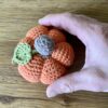A small sized, handmade, crocheted pumpkin made in orange. With a brown stem and green leaf detail. Made using 100% cotton.