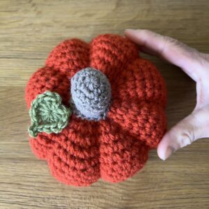 A large sized (8 section), handmade, crocheted pumpkin made in a spiced orange colour. With a brown stem and green leaf detail.