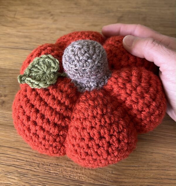 A large sized, handmade, crocheted pumpkin made in a spiced orange colour. With a brown stem and green leaf detail.