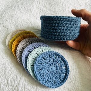 A small handmade, crocheted, 100% cotton basket containing 7 reusable facial rounds. Each facial round is made using 100% cotton in a selection of beautiful colours. They are wonderfully soft with a delicate texture. Kind on the skin and the environment.